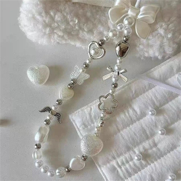 INS Korean Cute White Bow Heart Pearl Beads Beaded Phone Chain For iPhone Camera Hanging Rope Anti-Lost Lanyard Hanging Jewelry