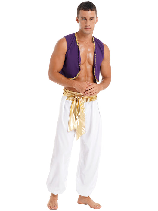 Aladin Costume Men Arabian Prince Cosplay Dress Up Waistcoat Top Harem Pants Suit Halloween Theme Party Carnival Stage Dancewear