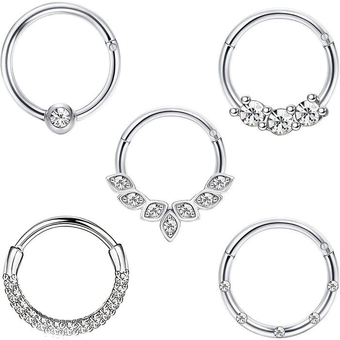 316L Stainless Steel CZ Hinged Septum Clicker Nose Hoop Rings ,Daith Helix Tragus Cartilage Piercing Jewelry