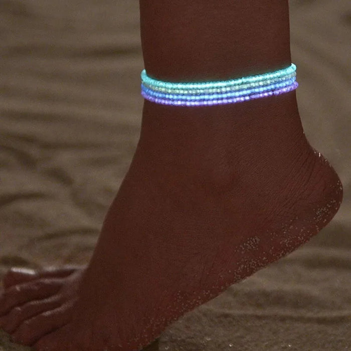 4Pcs/Set Luminous Rice Beads Anklets For Women Colorful Elastic Beaded Anklet Bracelet Glow In The Dark Foot Jewelry