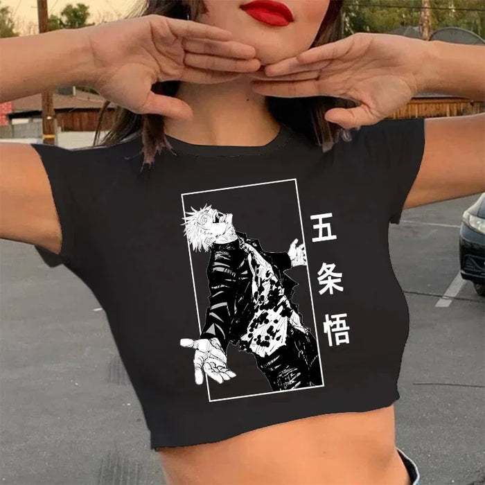 90S Hip Hop Crop Top  Tshirt Manga Japanese Anime Jujutsu Kaisen T Shirt Gojo Satoru Tops Yuji Itadori Cropped Tees T-shirt