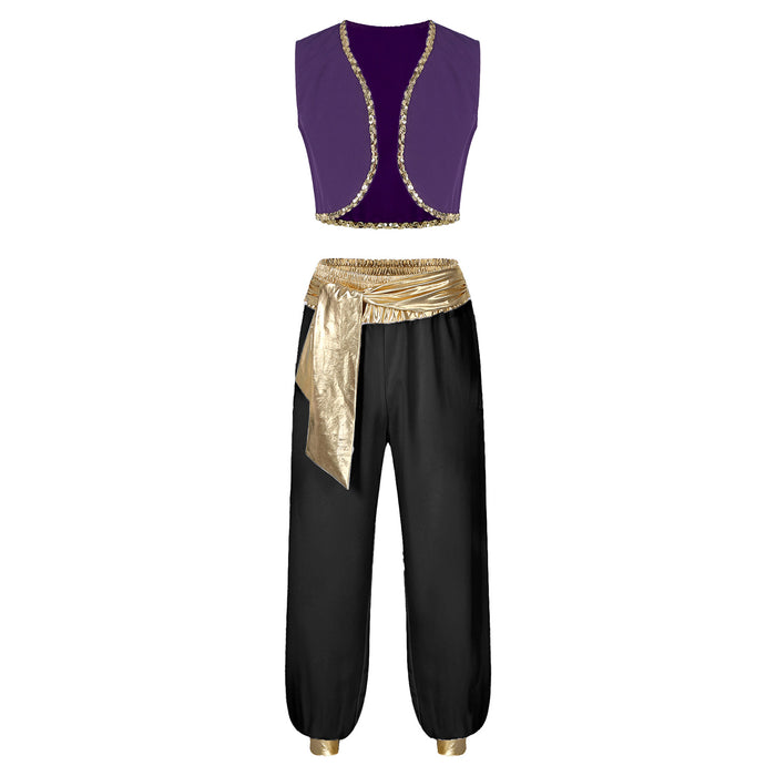 Aladin Costume Men Arabian Prince Cosplay Dress Up Waistcoat Top Harem Pants Suit Halloween Theme Party Carnival Stage Dancewear