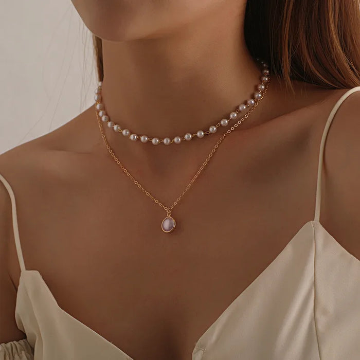 New Women's Pearl Necklace Kpop Gold Color Beads Pendant Necklaces Goth Double Layer Chain Choker for Women Fashion Jewelry