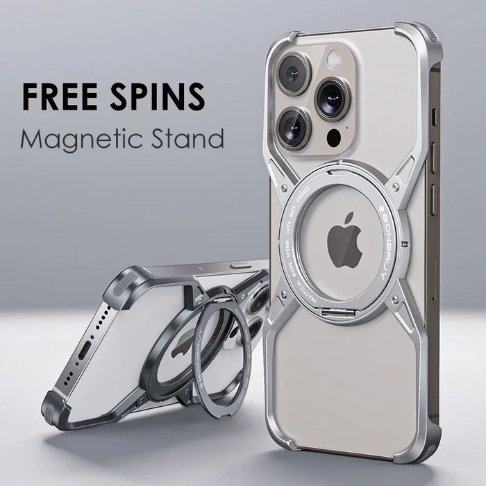 Luxury Metal Aluminum Alloy Case For iPhone 14 13 15 Pro Max Magnetic Rimless Titanium Bumper Shockproof 360° Rotate Car Holder Cover