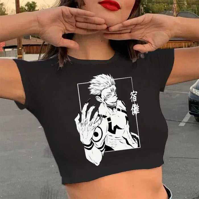 90S Hip Hop Crop Top  Tshirt Manga Japanese Anime Jujutsu Kaisen T Shirt Gojo Satoru Tops Yuji Itadori Cropped Tees T-shirt