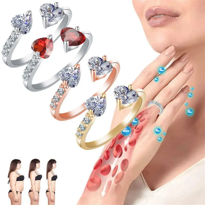 Fashion Double Heart Love Quartz Crystal Ring Ionix Therapy Quartz Open Ring for Women Therapy for Weight Loss Lymphatic Ring