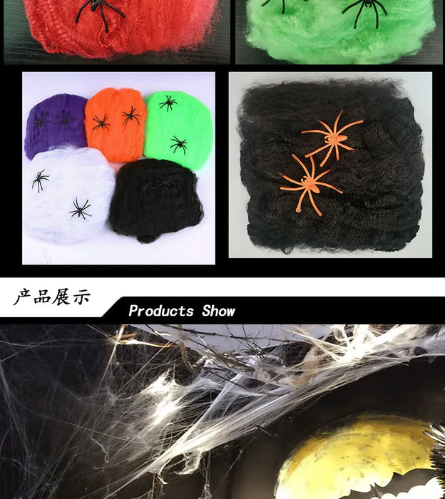 1pc Halloween Elastic Spider Web with Spider Horror Haunted House Yard Scene Arrangement Halloween Faux Decorative Props 2024