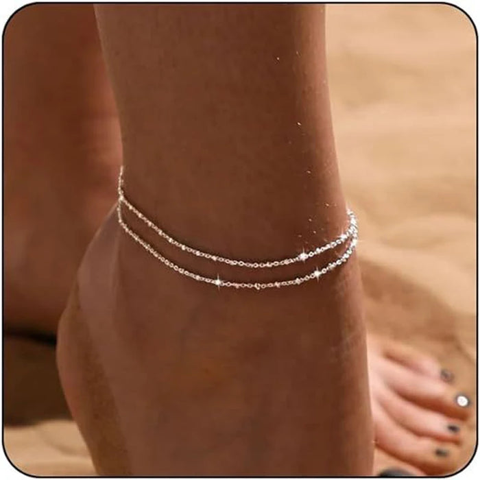 Ankle Bracelets for Women,14K Gold Silver Plated Layered Beads Anklets Bracelets for Women Girls Summer Jewelry Gifts