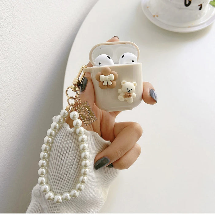 Cute Retro Beige Case for Apple AirPods 1 2 3rd Generation Bear Cherry Case for AirPods Pro Case Keychain Lanyard Luxury Case