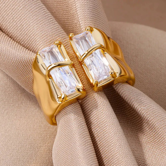 Irregular Square Zircon Rings For Women Stainless Steel Geometric Opening Ring Trend Wedding Party Fashion Jewerly Gift