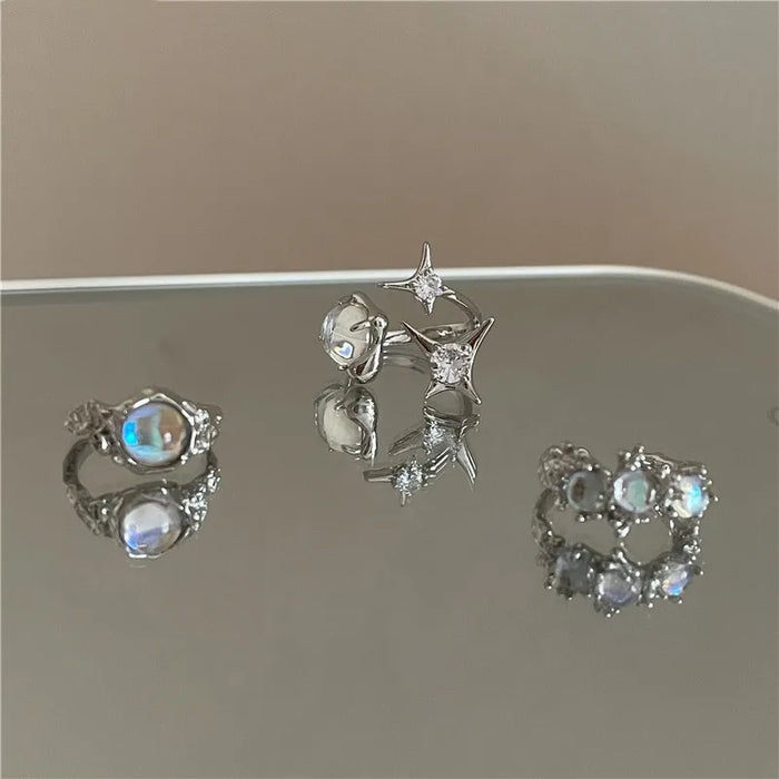 3Pcs/Set Y2k Irregular Open Rings Moonstone Finger Rings For Women Girls Kpop Sweet Cool Trendy Jewelry Gifts