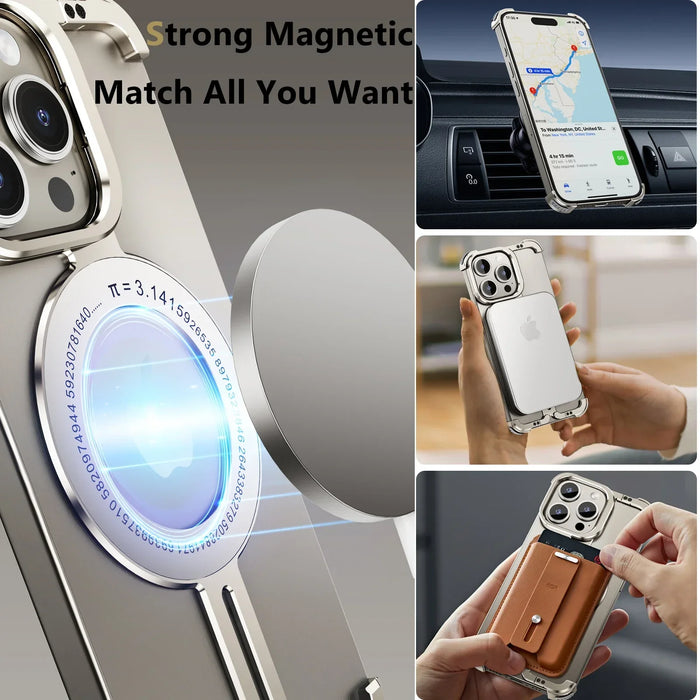 Metal Rimless Magsafe Magnetic Phone Case for IPhone 14 15 Pro Max Aluminum Alloy Lens Holder Protection Stand Shockproof Cover