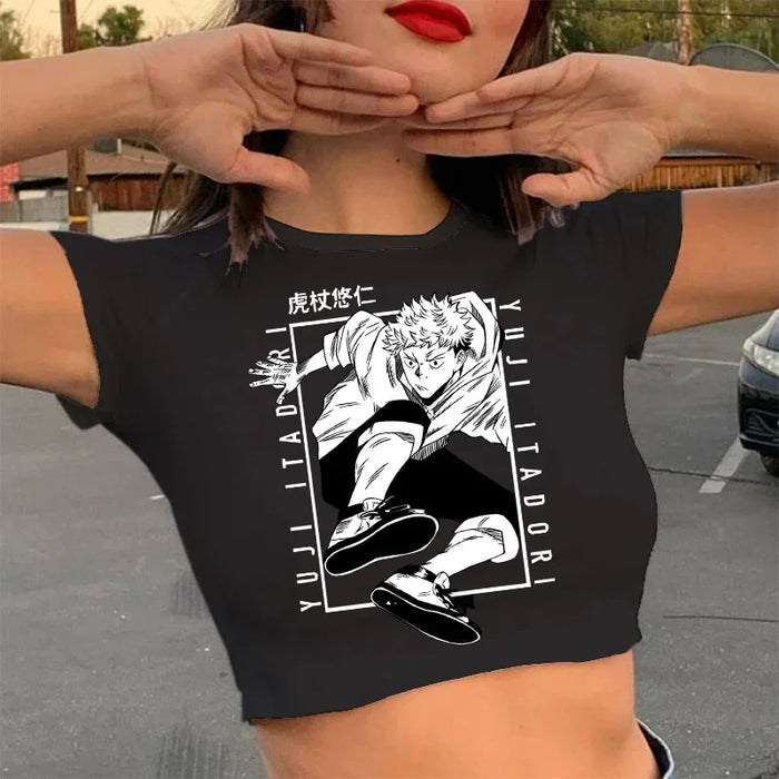 90S Hip Hop Crop Top  Tshirt Manga Japanese Anime Jujutsu Kaisen T Shirt Gojo Satoru Tops Yuji Itadori Cropped Tees T-shirt