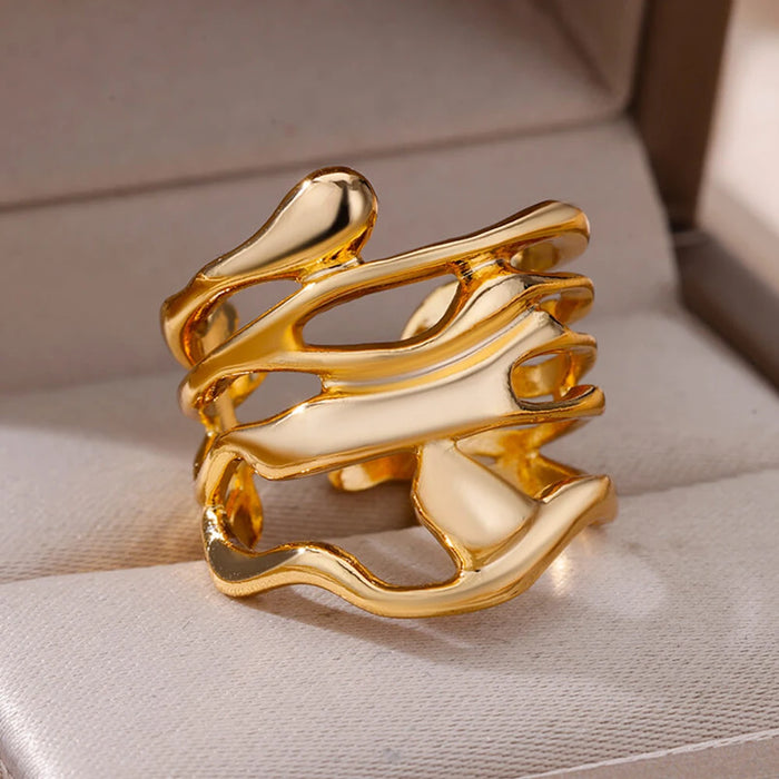 Stainless Steel Rings For Women Gold Color Hollow Wide Open Ring Female Fashion Wedding Party Finger Jewelry Gift