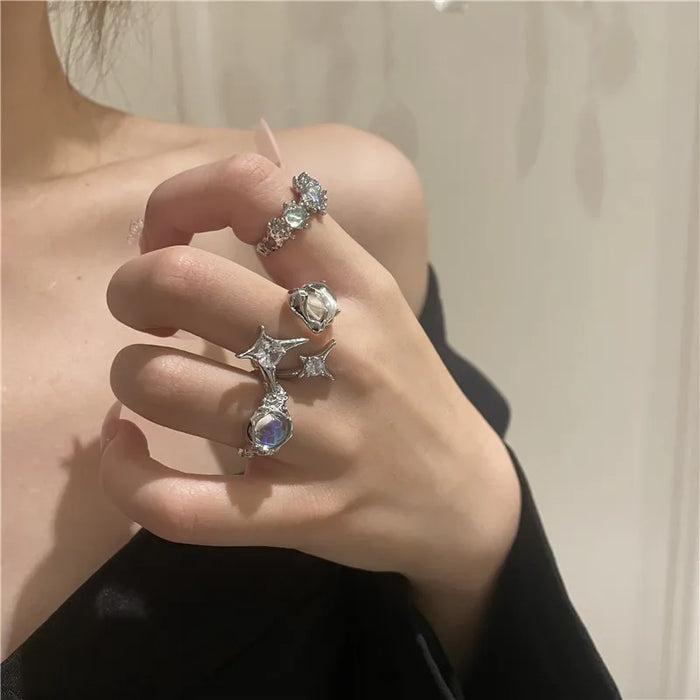 3Pcs/Set Y2k Irregular Open Rings Moonstone Finger Rings For Women Girls Kpop Sweet Cool Trendy Jewelry Gifts