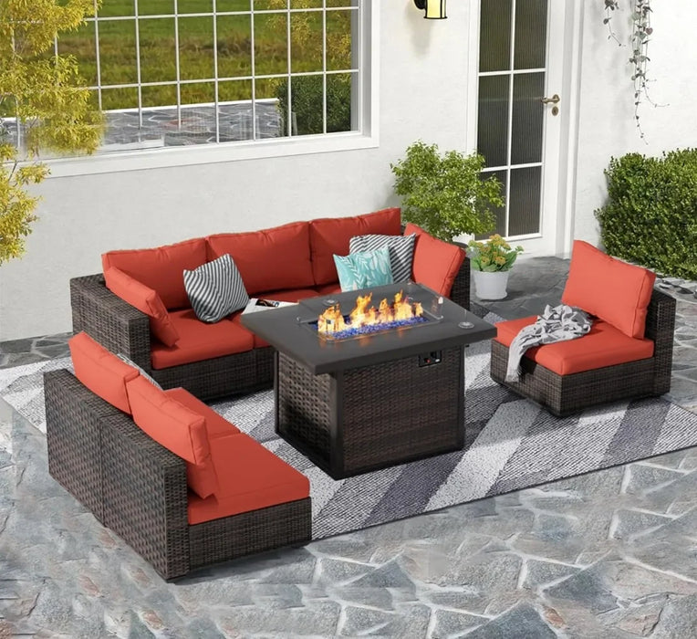 7 Piece Patio Furniture Set with Fire Pit Table All Weather Outdoor Sectional PE Rattan Patio Conversation Sets with Cushions