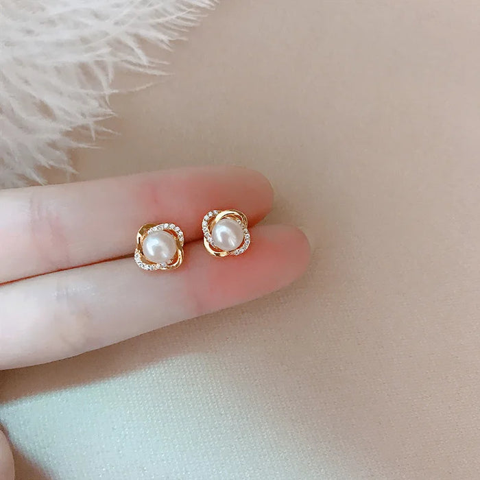 Upscale Jewelry Real Gold  Earrings Zircon Pearl Twist Luxury Stud Earrings for Women