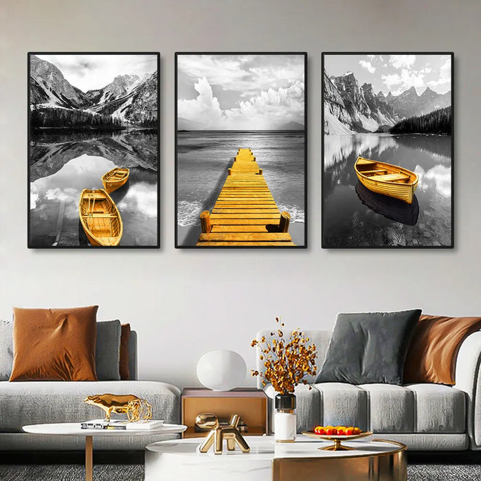 3pcs Yellow Boat On The Lake Landscape Canvas Prints Gold Wooden Bridge Mountain Abstract Wall Art Paintings For Home Decor