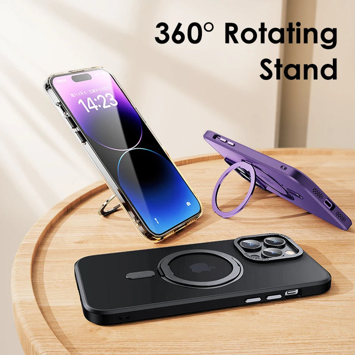 Luxury Magnetic Stand Phone Case For iphone 15 14 13 12 11 16 Pro Max 16Plus 360° Rotation Ring Holder Transparent Matte Cover