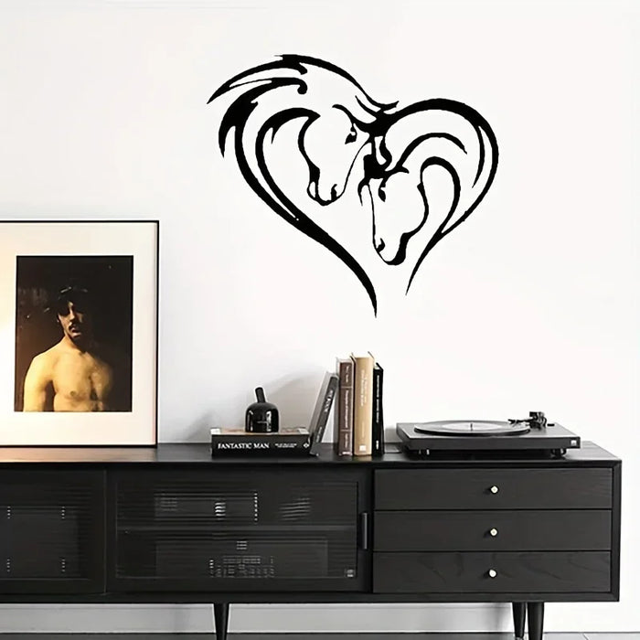 Iron Silhouette Double Horse Head Wall Hanging Decoration Metal Home Decor Art Heart Shaped Horse Black Metal Bedroom Livingroom