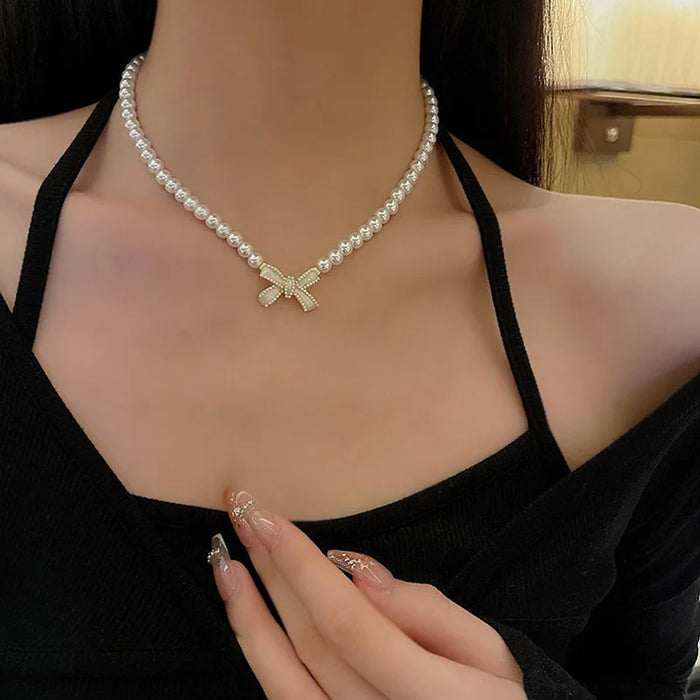 Trend Wedding Party Jewelry Pearl Bow Pendant Choker Necklace For Women Elegant White Imitation Pearl Chain Necklaces