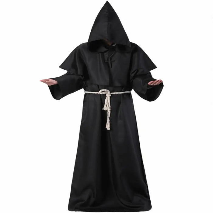 Halloween Cloak Plague Doctor Mask Cosplay Costume Sorcerer Long Shirt Hooded Black Robe Adult and Child Holiday Costume Set