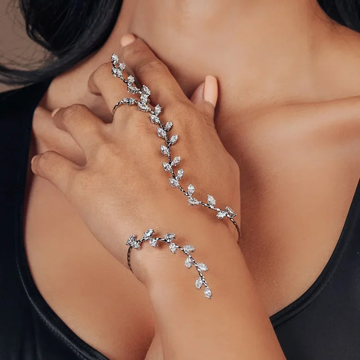 Boho Adjustable Leaf Cubic Zircon Hand Palm Bracelet for Women Luxury Handmade Bridal Hand Piece Wedding Bangle Jewelry