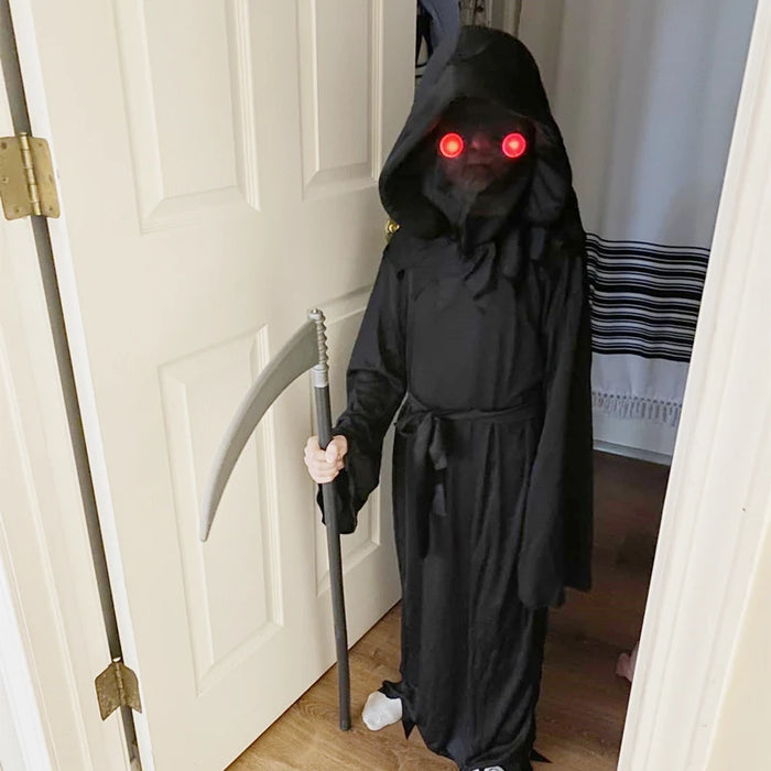 Children Halloween Cosplay Grim Reaper Death Scythe Black Costume with Hood Glowing Red Eyes Halloween Party Dress Up Props