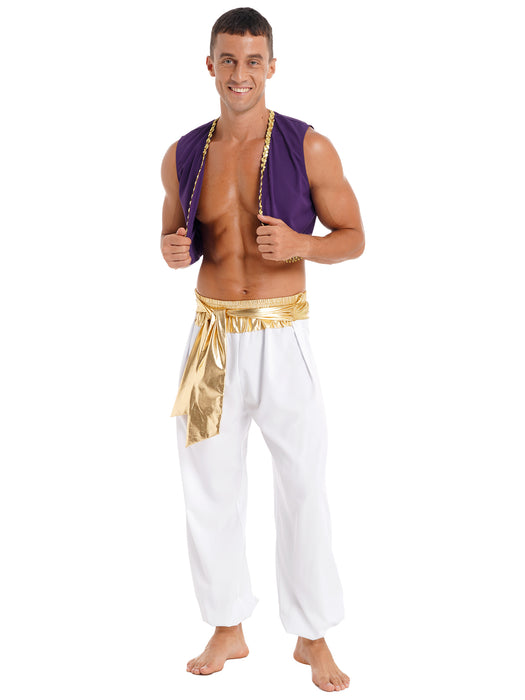 Aladin Costume Men Arabian Prince Cosplay Dress Up Waistcoat Top Harem Pants Suit Halloween Theme Party Carnival Stage Dancewear