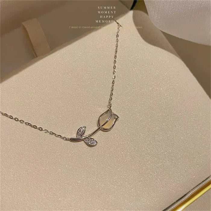 Elegant Crystal Tulip Gemstone Pendant Necklace For Women Korean Style Trendy Light Luxury Choker Chain Jewelry Accessories