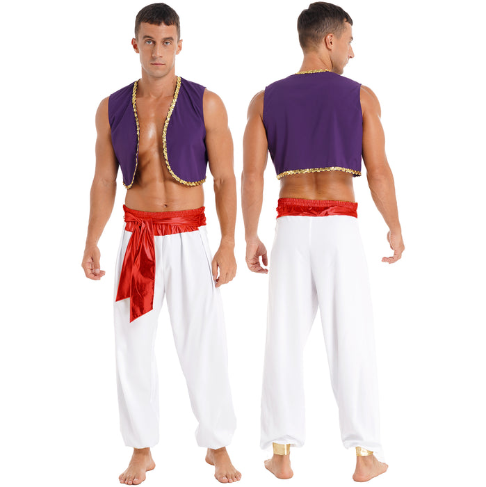 Aladin Costume Men Arabian Prince Cosplay Dress Up Waistcoat Top Harem Pants Suit Halloween Theme Party Carnival Stage Dancewear