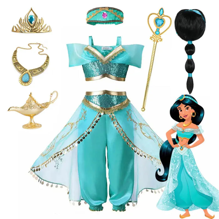 Disney Jasmine Princess Dress of Birthday Party Carnival Cosplay Aladdin Agic Lamp Girls Costume Vestidos Halloween Clothing Set