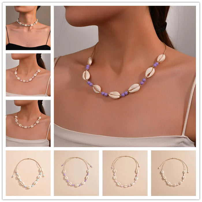 Classic Shell Beaded Necklace for Women Fashion Bohemian Shell Braided Chain Choker Summer Travel Jewelry Accessories