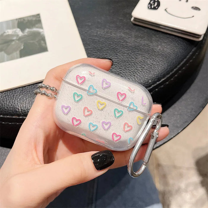 Ins Heart Flower Bling Glitter Soft TPU Earphone Case For Airpods Pro 2nd Generation Air Pods 1 2 3 Cover Accessories Keychain