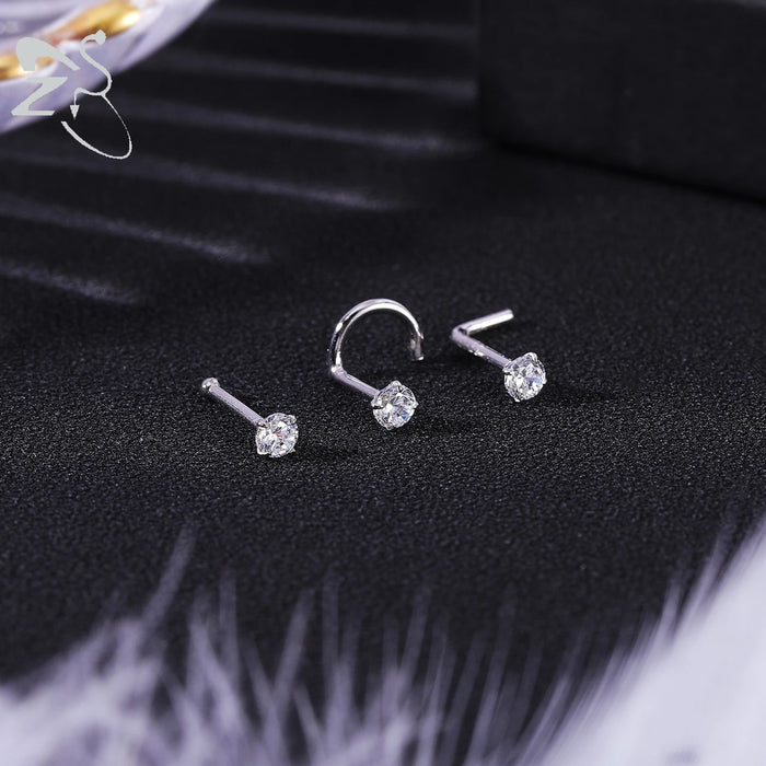 925 Sterling Silver Nose Stud Gold Color Crystal Nose Piercings Screw L-Shape Retainer Nostril Piercing