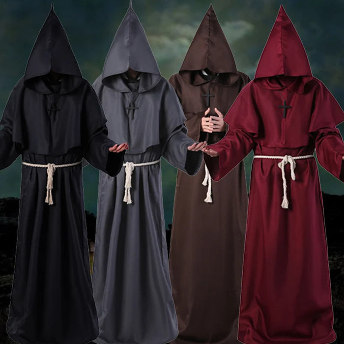 Halloween Cloak Plague Doctor Mask Cosplay Costume Sorcerer Long Shirt Hooded Black Robe Adult and Child Holiday Costume Set