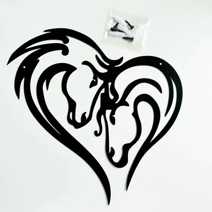 Iron Silhouette Double Horse Head Wall Hanging Decoration Metal Home Decor Art Heart Shaped Horse Black Metal Bedroom Livingroom