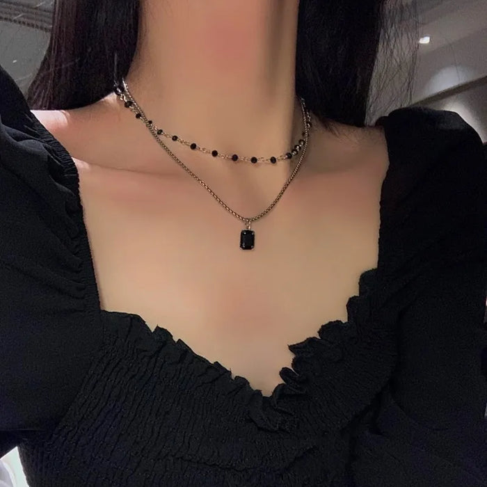 Women Choker Necklace Double Layer Beads Necklace Gift for Friend Silver Color Geometric Necklace