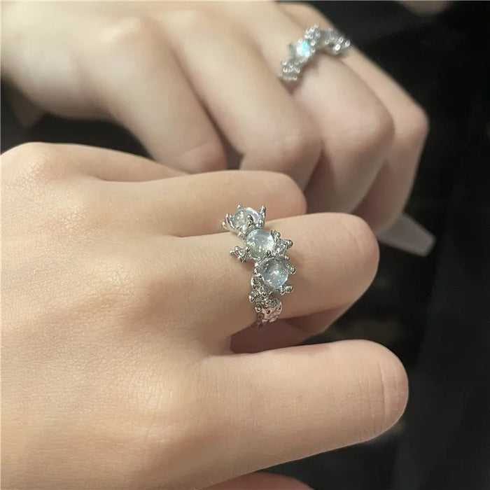 3Pcs/Set Y2k Irregular Open Rings Moonstone Finger Rings For Women Girls Kpop Sweet Cool Trendy Jewelry Gifts