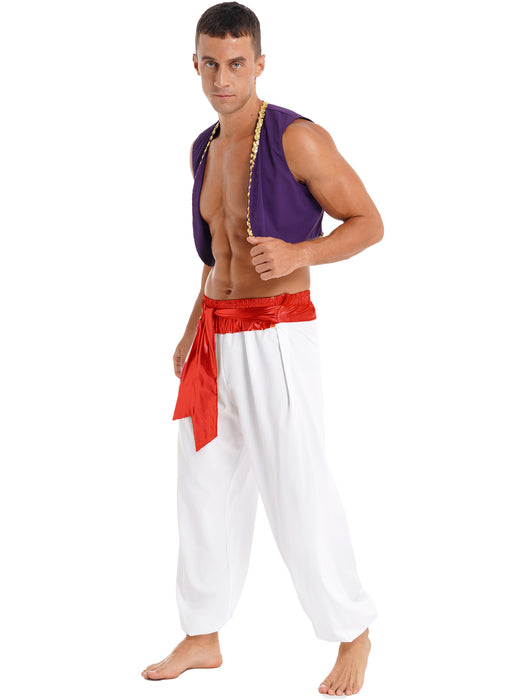 Aladin Costume Men Arabian Prince Cosplay Dress Up Waistcoat Top Harem Pants Suit Halloween Theme Party Carnival Stage Dancewear