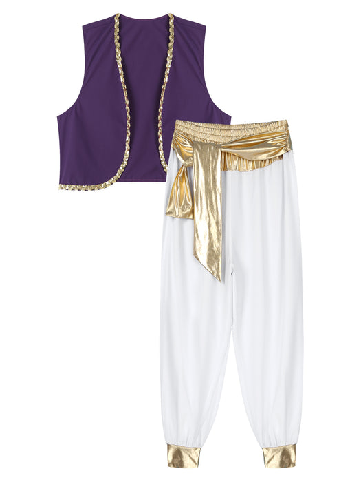 Aladin Costume Men Arabian Prince Cosplay Dress Up Waistcoat Top Harem Pants Suit Halloween Theme Party Carnival Stage Dancewear