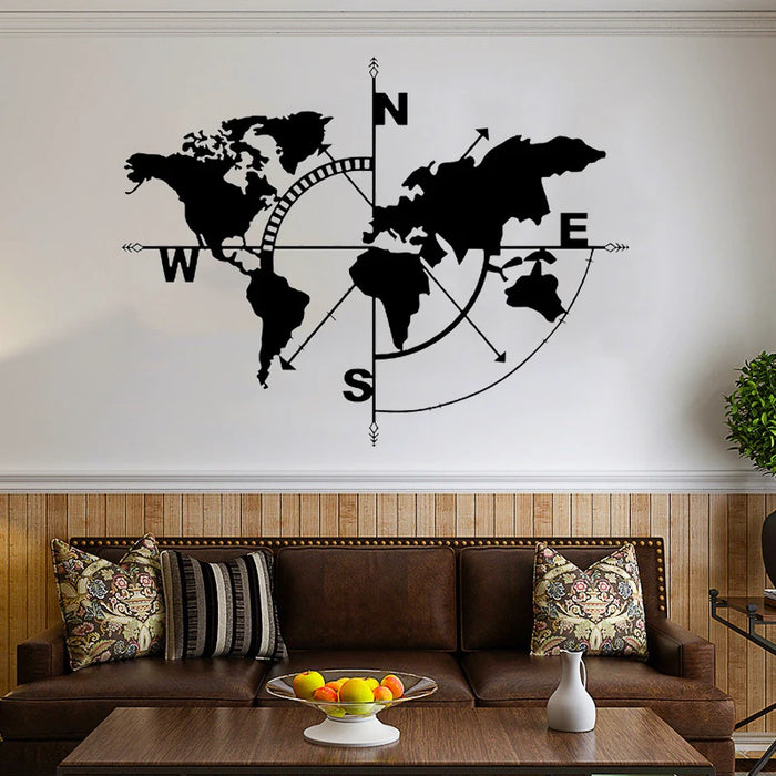 Black Metal World Map Wall Art Compass Decor Hanging Home Office School Classroom Living Room Bedroom Decoration Accessories