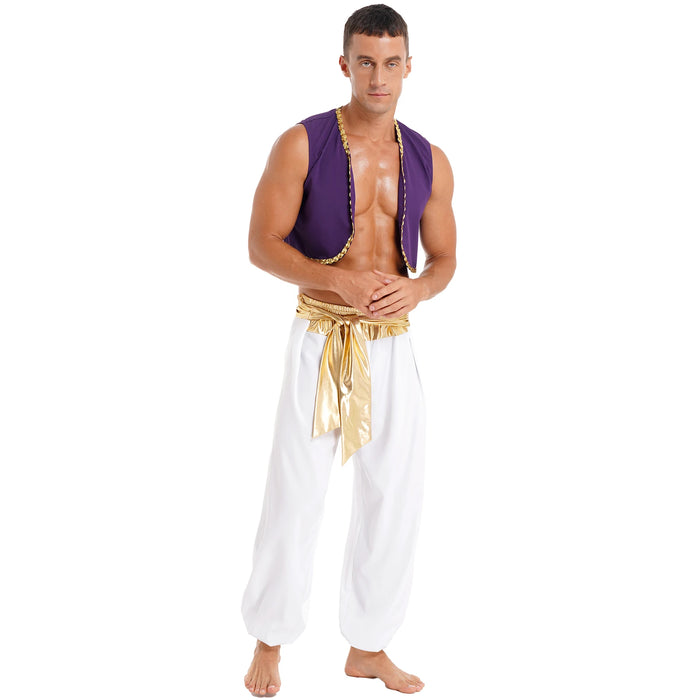 Aladin Costume Men Arabian Prince Cosplay Dress Up Waistcoat Top Harem Pants Suit Halloween Theme Party Carnival Stage Dancewear