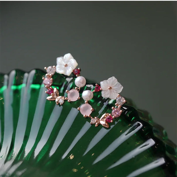 Y2k Pink Crystal Flower Pearl Butterfly Ear Studs Summer New Arrival  Korean Fashion Luxury Hoop Earrings For Women Jewelry Gift